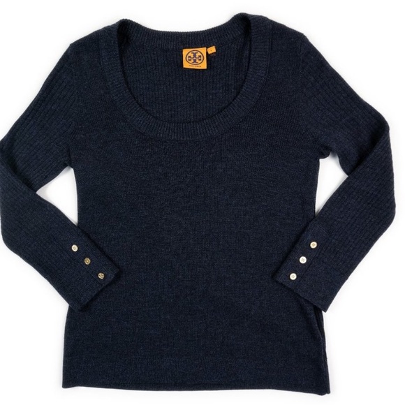 Tory Burch 100% Merino Wool Rib Knit Scoop Boatneck Sweater - Picture 2 of 12